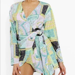 Scarf print satin wrap dress